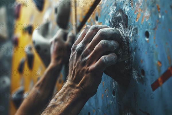 Close up of hand with chalk grabbing grip on artificial rock wall. KI generiert, generiert, AI