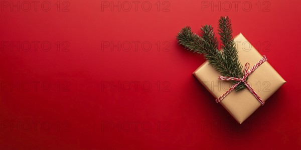 Banner with small Christmas gift box wrapped in graft paper with fir branch on side of red