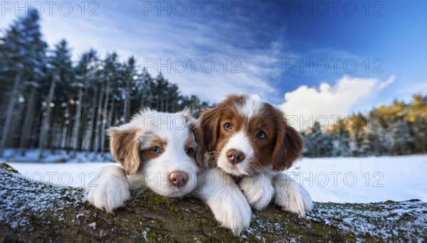 KI generated, dog, dogs, puppy, one, two, three, play, snow, winter, autumn leaves, blue sky,