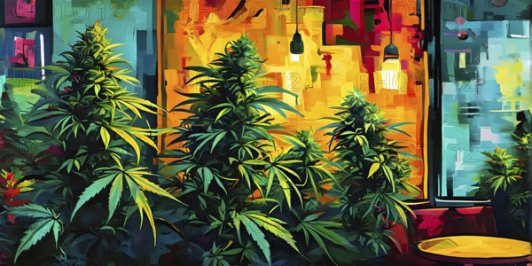 Abstract composition of a cannabis cafe with ambiance bold contrasting colors and playful shapes,