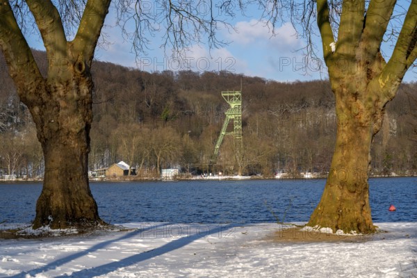 Winter, snowy landscape, Lake Baldeney, headframe of the former Carl Funke colliery in