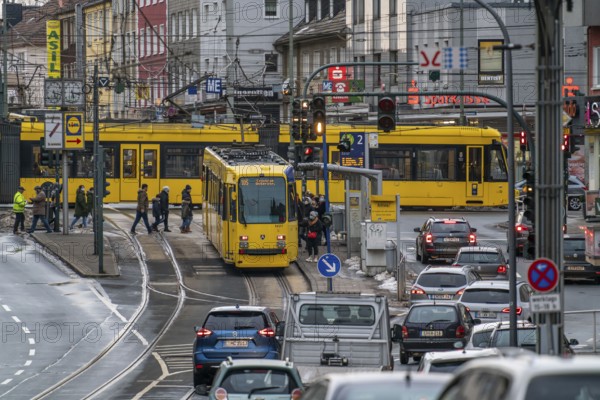 Ruhrbahn tram, on Altendorfer Straße, intersection Helenenstraße, in Essen, rush hour, evening