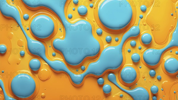 Abstract wallpaper with colorful turquoise and yellow blobs and liquid shapes on a orange