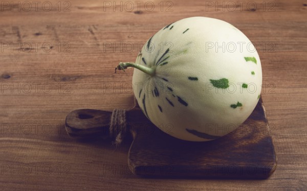 Dino melon, white with green stripes, small size, on the table, close-up, no people