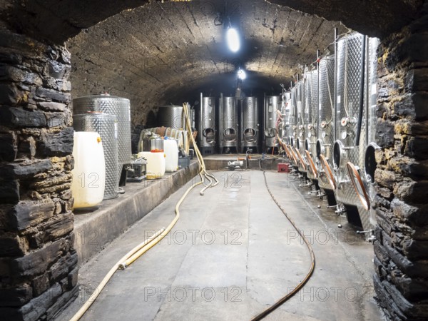 Stainless steel wine barrels in the wine cellar at the winery for fermenting Riesling wines,