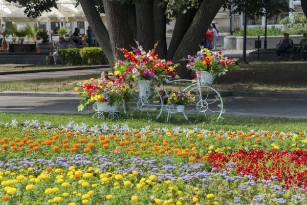 A white bicycle decorated with colourful flowers stands in a blooming park, Bicycle decorated with