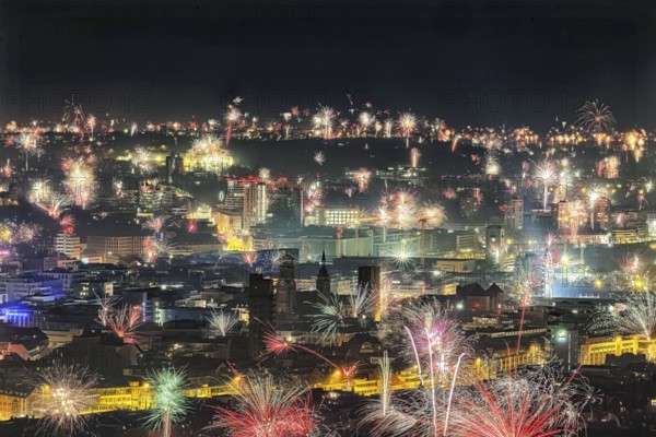 Stuttgart welcomes the New Year 2024 with fireworks over the city centre. In the centre of the