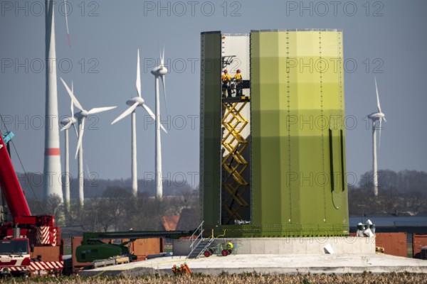 Construction of a wind turbine, Enercon steel pillar, near Kerken, Kleve district, Lower Rhine,