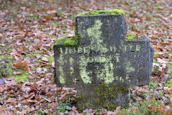 Military cemetery from the Second World War, moss-covered stone cross with inscription, Moselle,