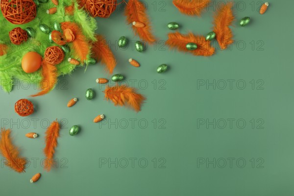 Decorative arrangement with feathers and chocolate eggs in green and orange on a green surface