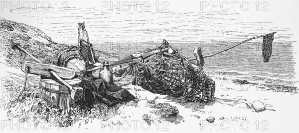 Eel trap on the beach, North Sea, shore, fishing, gear, eel, catch, net, barrel, flag, Germany,