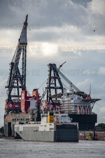 Petroleum harbour, Roro ferry at the exit, behind it the largest floating crane in the world,