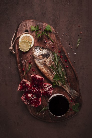 Fried dorado fish, with spices and herbs, on a wooden board, pomegranate sauce, close-up, no people