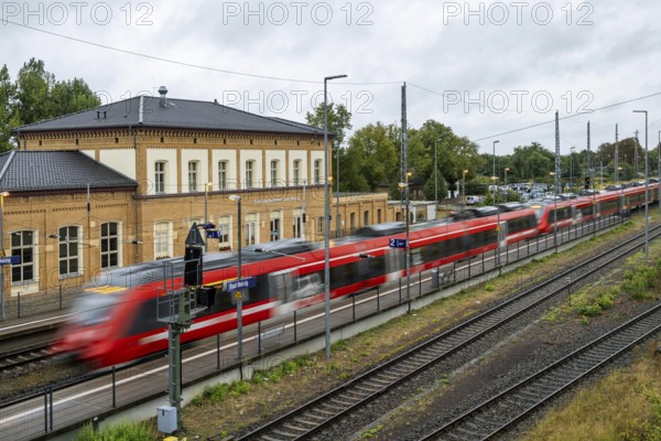 Railway station with station building and regional railway. Bad Belzig, Brandenburg, Germany,