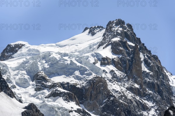 High alpine mountain landscape with glacier, summit of Mont Maudit, Chamonix, Haute-Savoie, France,