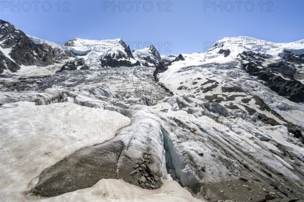 High alpine glaciated mountain landscape, La Jonction, Glacier des Bossons meets Glacier de