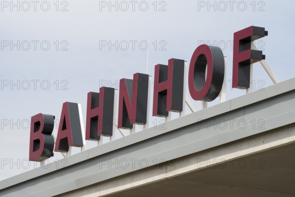 Railway station, letters on the roof, Dülmen, Münsterland, North Rhine-Westphalia, Germany, Europe