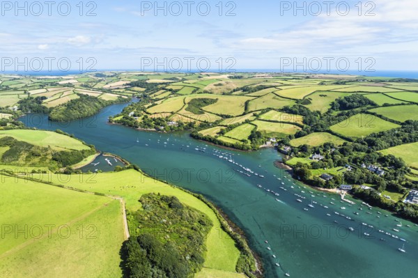 Salcombe and Mill Bay over Kingsbridge Estuary from a drone, Batson Creek, Southpool Creek, Devon,
