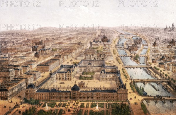 Panorama of the Tuileries and the Louvre, Paris around 1870, France, Historical, digitally restored