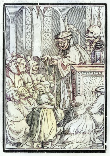 Der Tod holt den Prediger Holzschnitt von Georg Scharffenberg nach Hans Holbein d. J. Aus Der