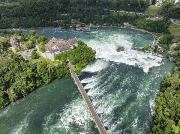 Aerial view of the Rhine Falls with railway viaduct and Laufen Castle, Neuhausen, Canton