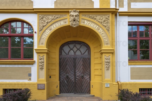 Left entrance portal of the Luitpold primary school, built in 1901 in Art Nouveau style,