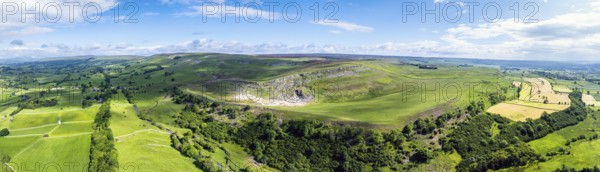 Panorama of Farms and Fields over Yorkshire Dales National Park from a dron, North Yorkshire,