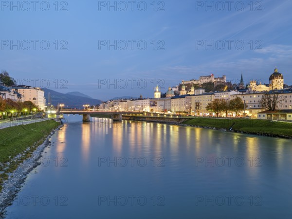 View of the fortress Hohen Salzburg, old town of Salzburg, Salzach, blue hour, autumn, Salzburg,