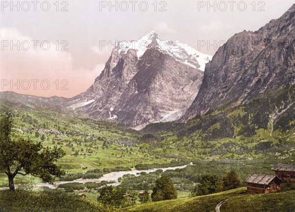 Grindelwald, general view, Wetterhorn, Bernese Oberland, Switzerland, Historic, digitally restored