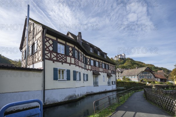 Historic half-timbered houses, above Egloffstein Castle, Upper Franconia, Bavaria, Germany, Europe