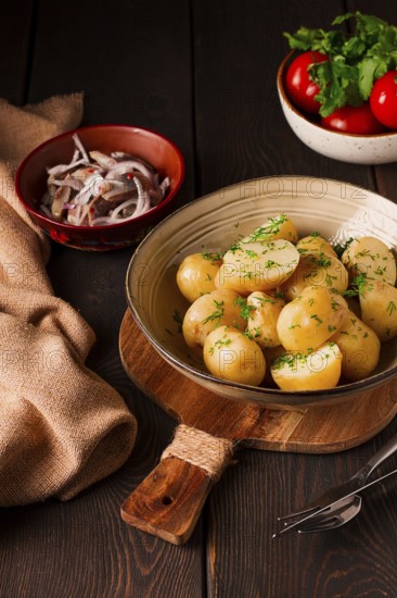 Fresh Cooked, new potatoes, with dill, on a wooden table, selective focus. close-up, toning, no