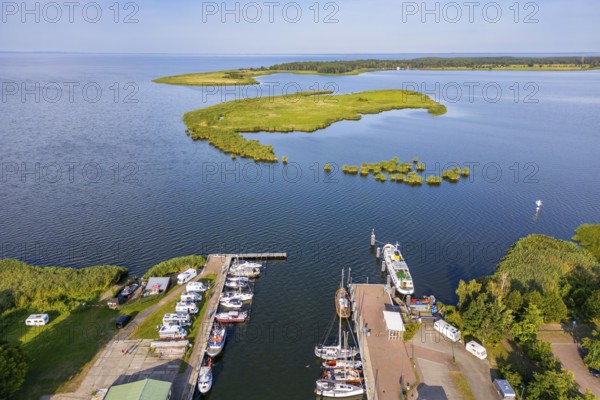 Aerial view, drone photo: harbour in the village of Altwarp, behind the island of Lysa Wyspa in