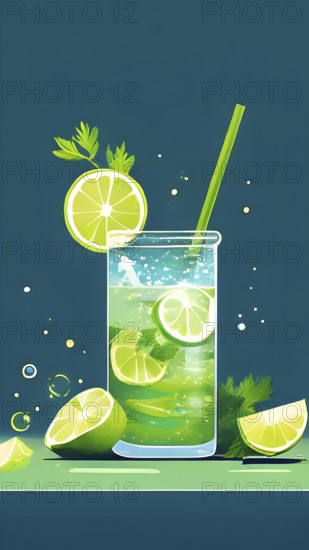 Abstract wallpaper composition with bottle of delicious green detox juice and fruits and