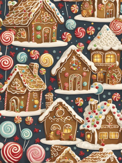 Abstract wallpaper illustration of of gingerbread house decoration, AI generated