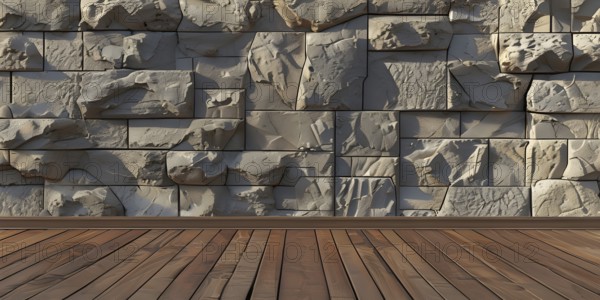 Three dimensional rendering of natural stone wall and wooden floor, AI generated
