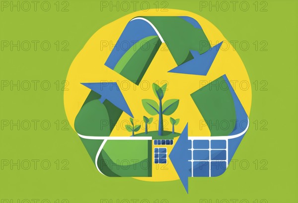 Recycling symbol morphing into growing plants and solar cells to symbolize the transformation of