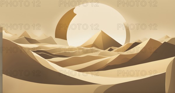 Abstract desert scene with triangular sand dunes and a single circular sun, using sharp lines and