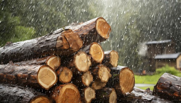 Forestry, timber industry, logs for firewood lying in the rain, AI generated, AI generated