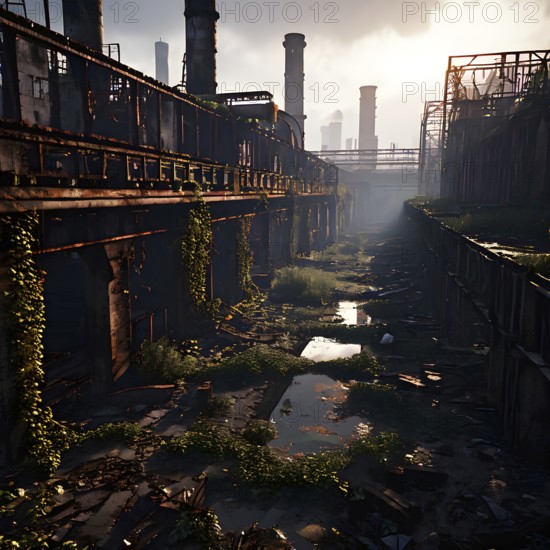 Abandoned factory vines embracing rusted skeletons of machinery whisper of bygone industrial era,