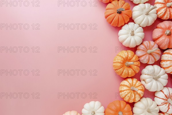 Orange and white pumpkins on pastel pink background with copy space. Generative Ai, AI generated