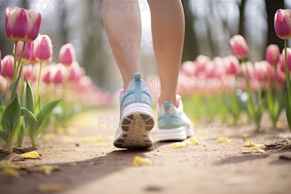 Woman's legs with sport sneakers running jogging through park with tulip spring flowers. KI
