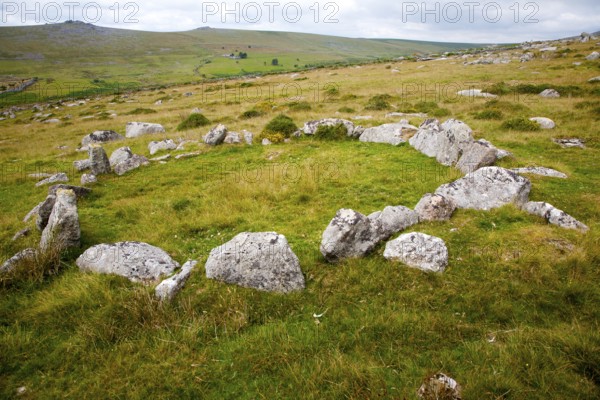Stone hut circle at the Merrivale ceremonial complex Dartmoor national park, Devon, England, UK