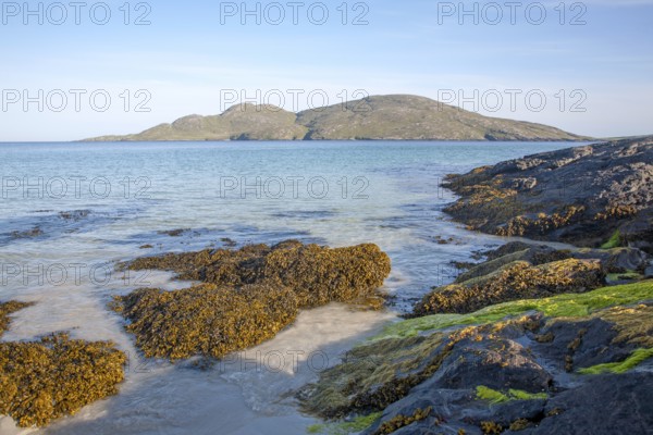 Seaweed on sandy beach at Bagh a Deas, South Bay, Vatersay island, Barra, Outer Hebrides, Scotland,