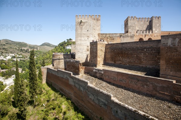 Fortified walls of the Alcazaba castle in the Alhambra complex, Granada, Spain, Europe