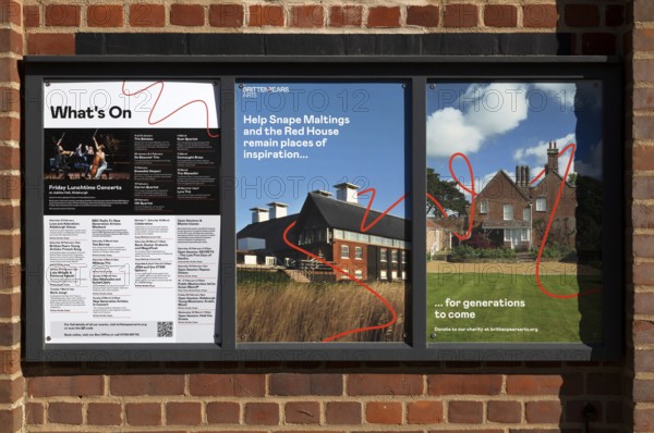 Information board about musical events at Snape Maltings, Suffolk, England, UK
