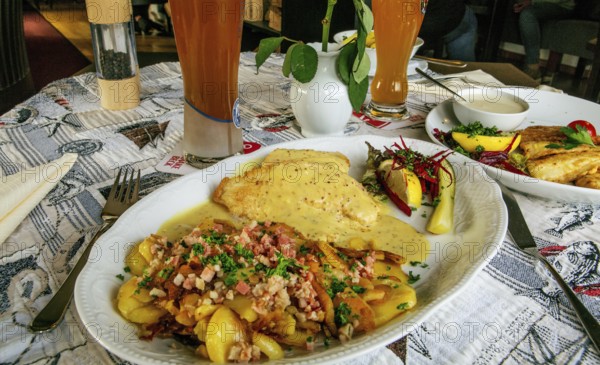 Wremer Panfisch with mustard sauce and bacon fried potatoes in the fish restaurant Wremer