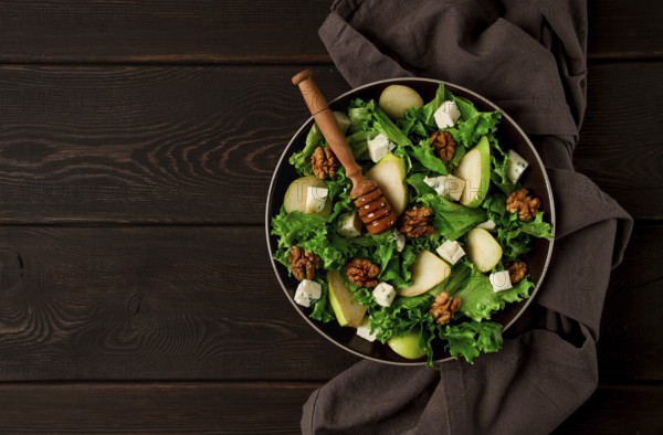 Keto Salad, pear with blue cheese and walnut, selective focus, no people, close-up