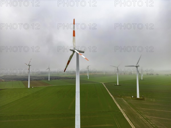 Wind farm, wind turbines near Erkelenz, Rhenish lignite mining area, in the fog, calm, no wind,