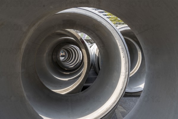 Concrete sewer pipes, stored on a construction site during sewer renovation work, on the Dickswall,