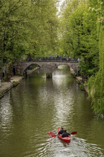 Utrecht, Netherlands, historic city centre, Oudegracht, canal, bridge, pedal boats